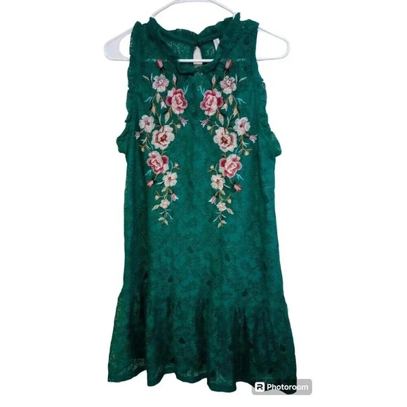Xhilaration Embroiderded Floral Dress Lace Overlay Lined Green Size Small - Picture 1 of 4